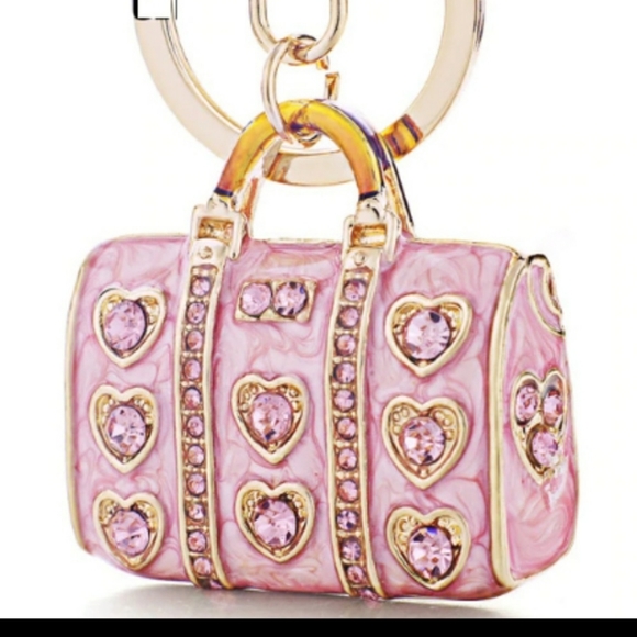 Jewelry - Enamel Pink Crystal Heart Handbag Charm, Keychain